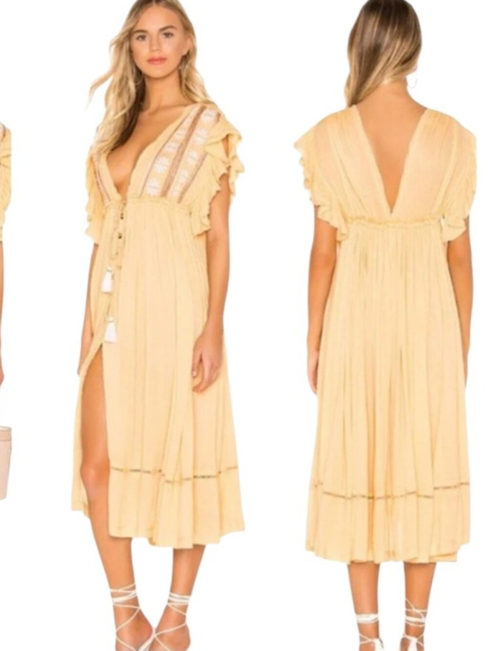 Nwot Free People Will Wait For You Golden Gauzy Flutter Sleeve Boho Midi Dress - Picture 9 of 16
